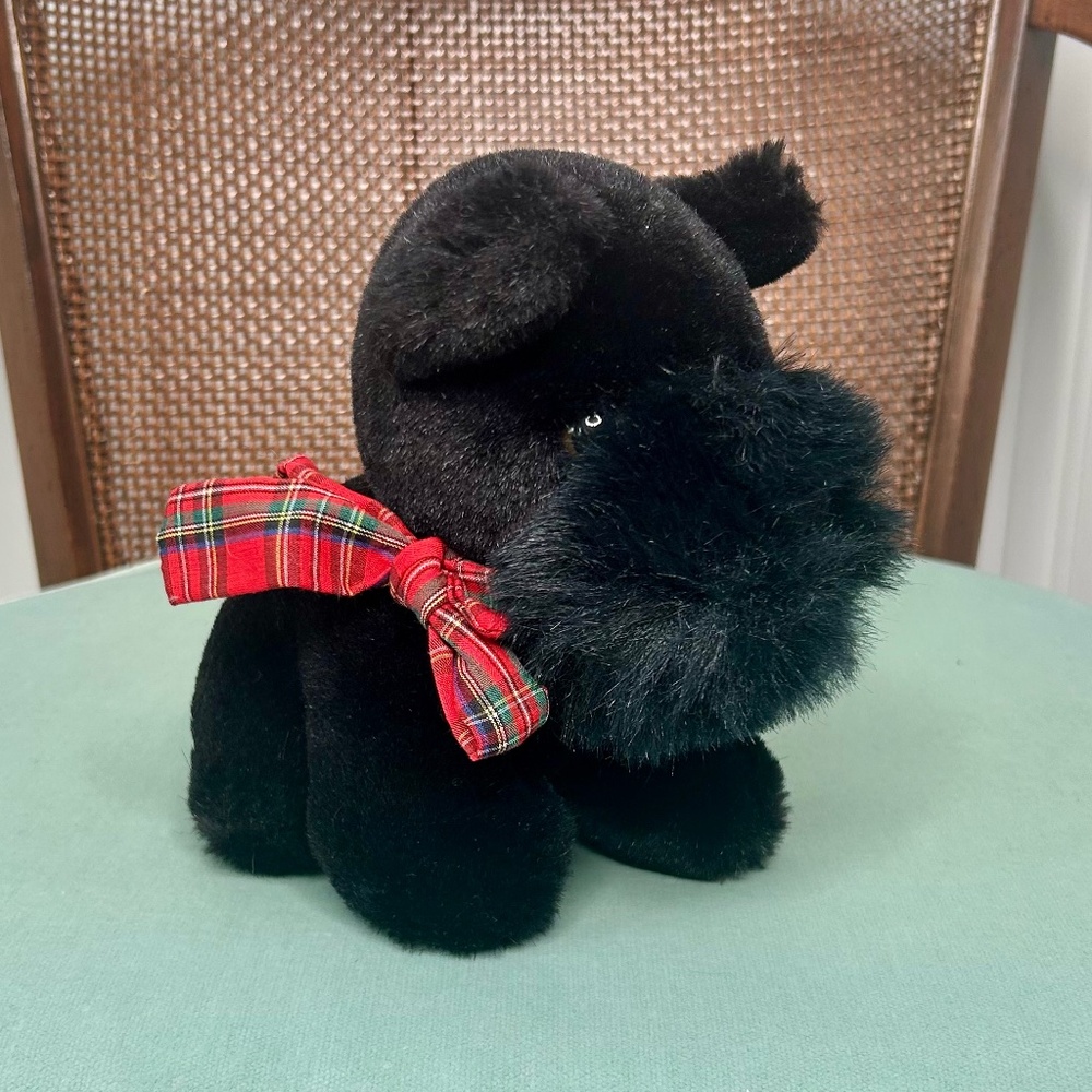 Vintage Black Stuffed Scottie Dog with Red and Green Plaid Bow